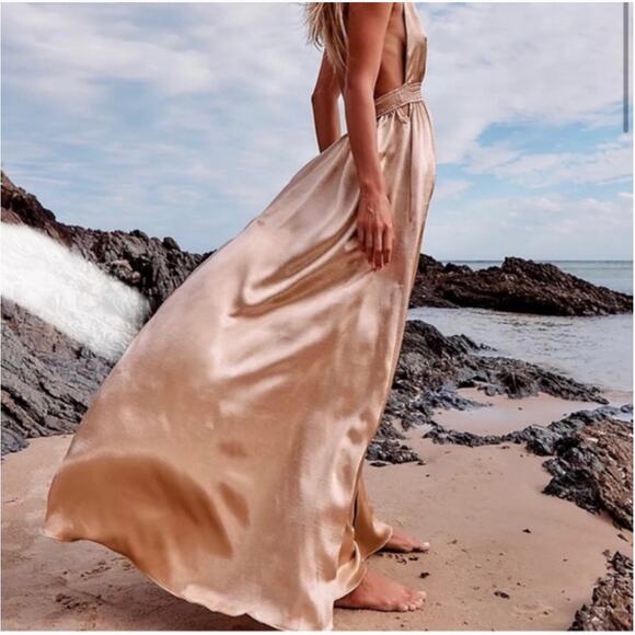 Free People Womens Look Into The Sun Gown Deep V Halter Neck Champagne Size S - Picture 3 of 13